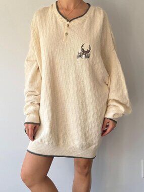 90s vintage made USA deer animal nature mens unisex cotton knit henley sweater